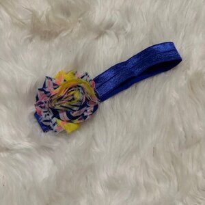 Blue, Pink & Yellow Stripe 2" Shabby Flower on a FOE elastic headband